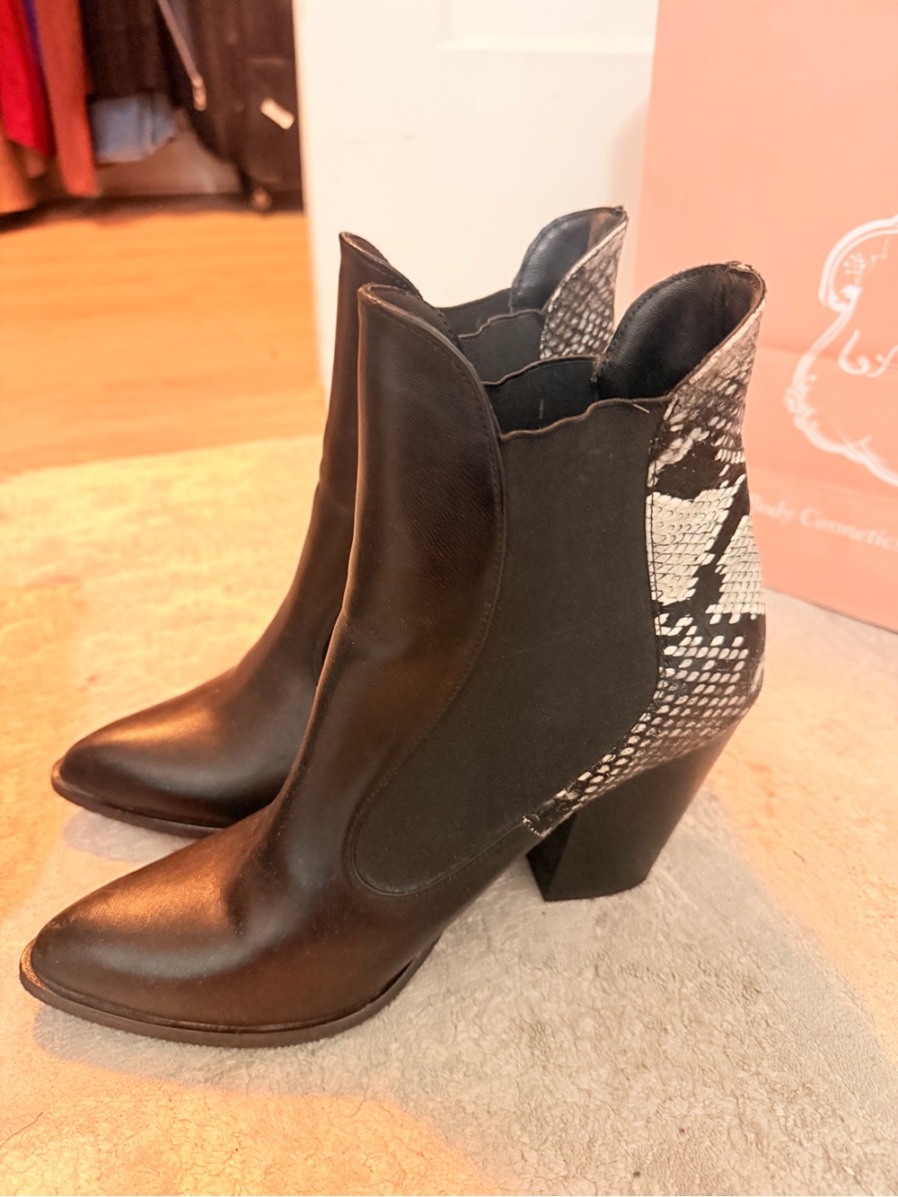 Black Ankle Boots with Snake-Print Heel